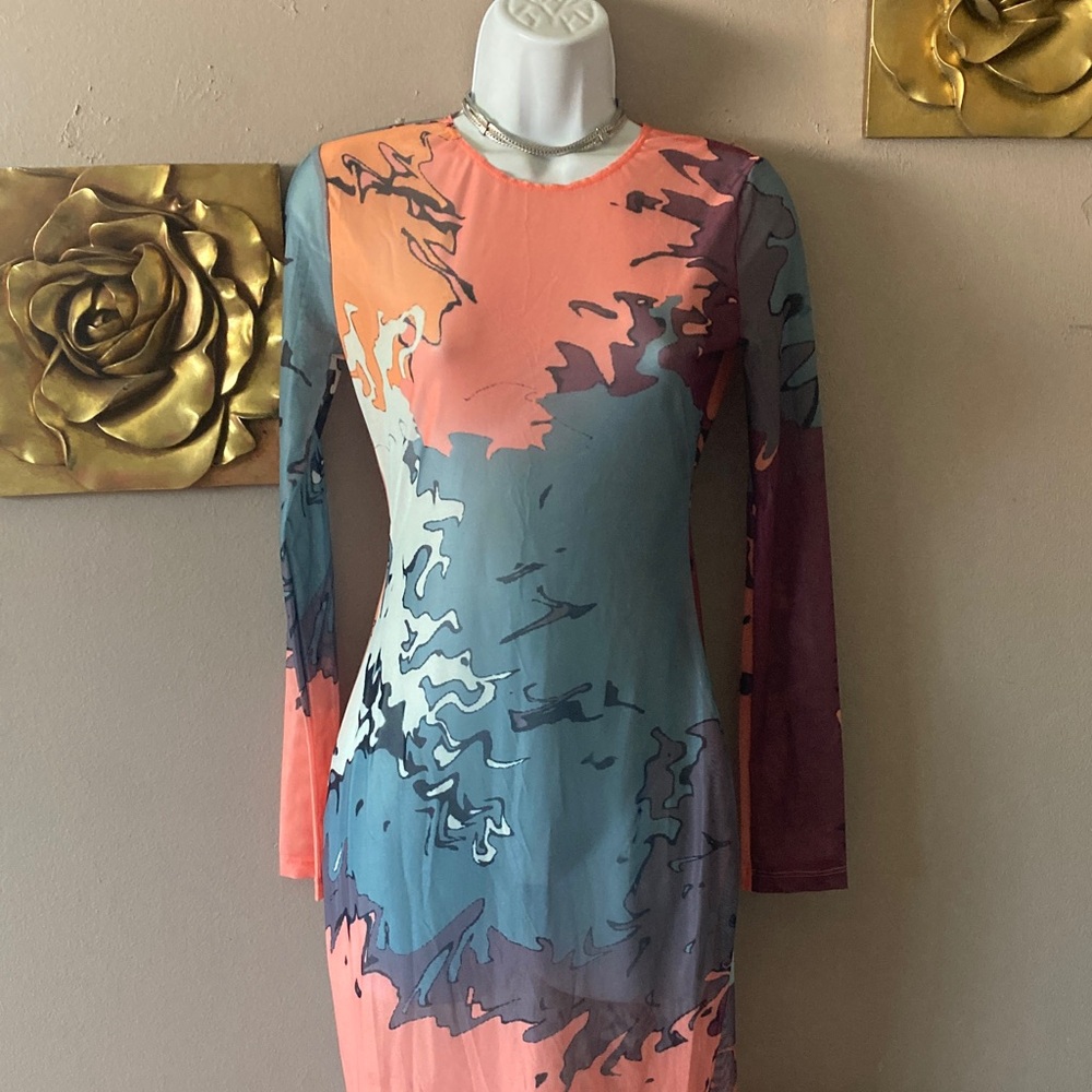 Multicolor Abstract Mesh Dress - Picture 3 of 5